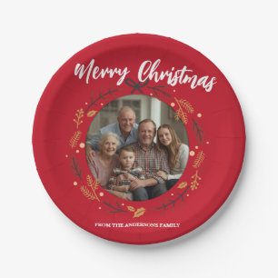 Simple red Christmas Wreath Photo Family name Paper Plates