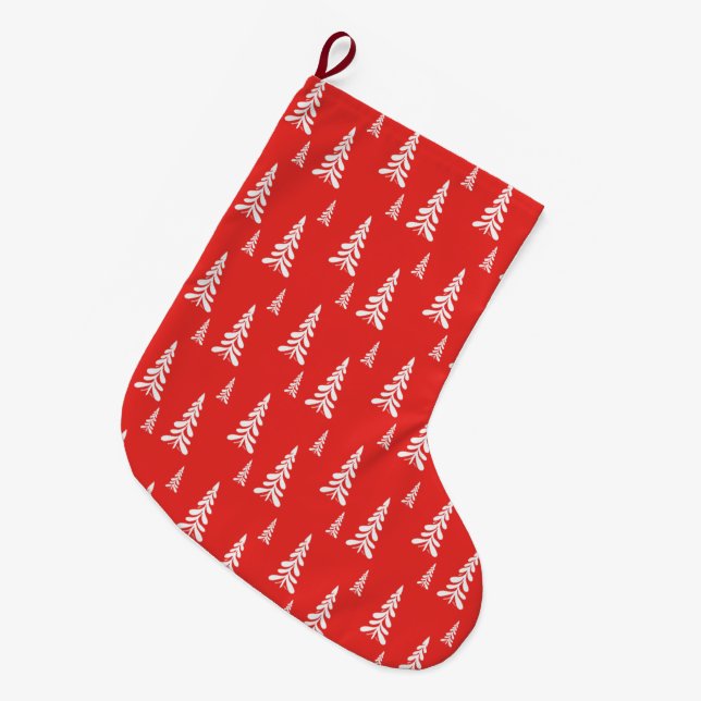 Simple Red christmas Xmas pine tree Snow Pattern Large Christmas Stocking (Front (Hanging))