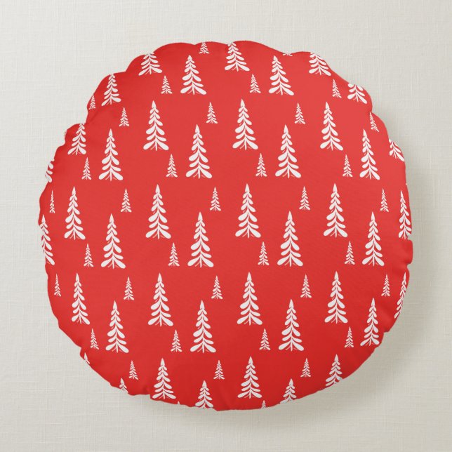 Simple Red christmas Xmas pine tree Snow Pattern Round Pillow (Front)