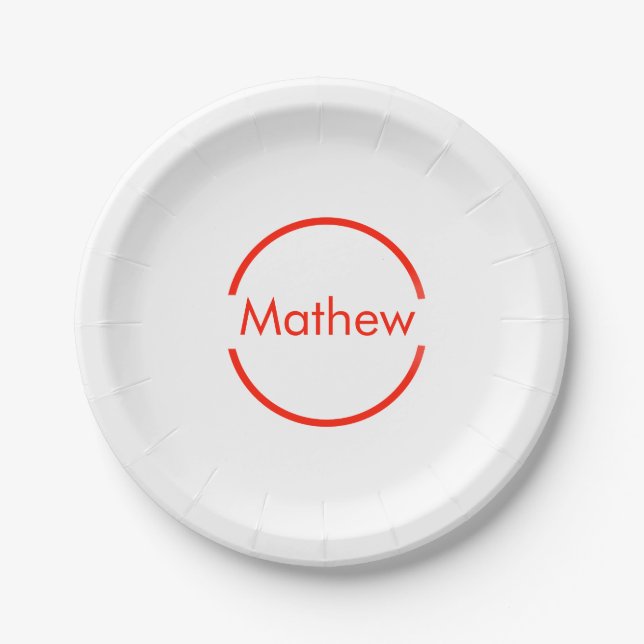 simple red circle add your name letter text paper plates (Front)