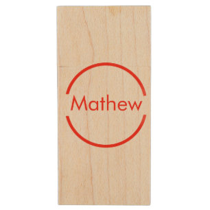 simple red circle add your name letter text wood flash drive