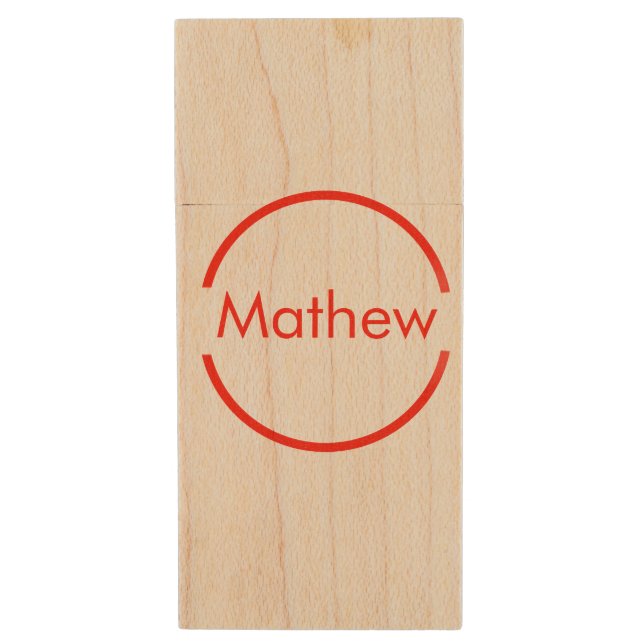 simple red circle add your name letter text wood flash drive (Front Vertical)