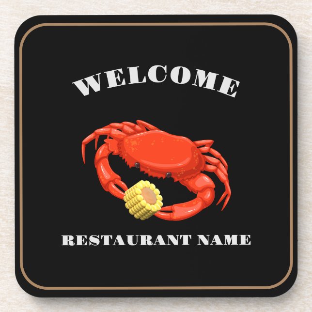 Simple Red crab corn seafood Restaurant logo name Beverage Coaster (Front)