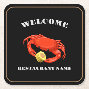 Simple Red crab corn seafood Restaurant logo name Square Paper Coaster