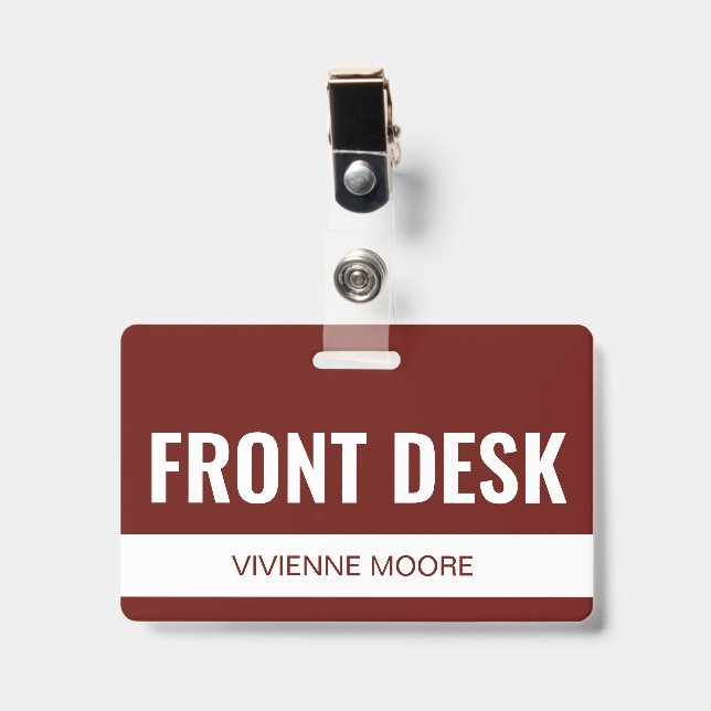 Simple Red Custom Hotel Front Desk Employee ID Badge (Front with Clip)