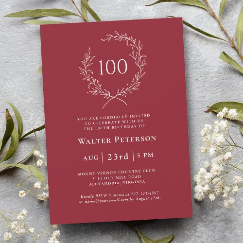 Simple Red Elegant Laurel Wreath 100th Birthday Invitation