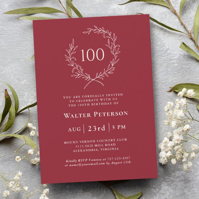 Simple Red Elegant Laurel Wreath 100th Birthday Invitation (Creator Uploaded)