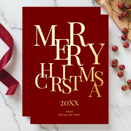 Simple Red Elegant Minimalist Merry Christmas Gold Foil Holiday Card
