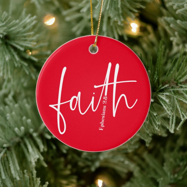Simple Red Faith Bible Verse Calligraphy Text Ceramic Ornament (Tree)