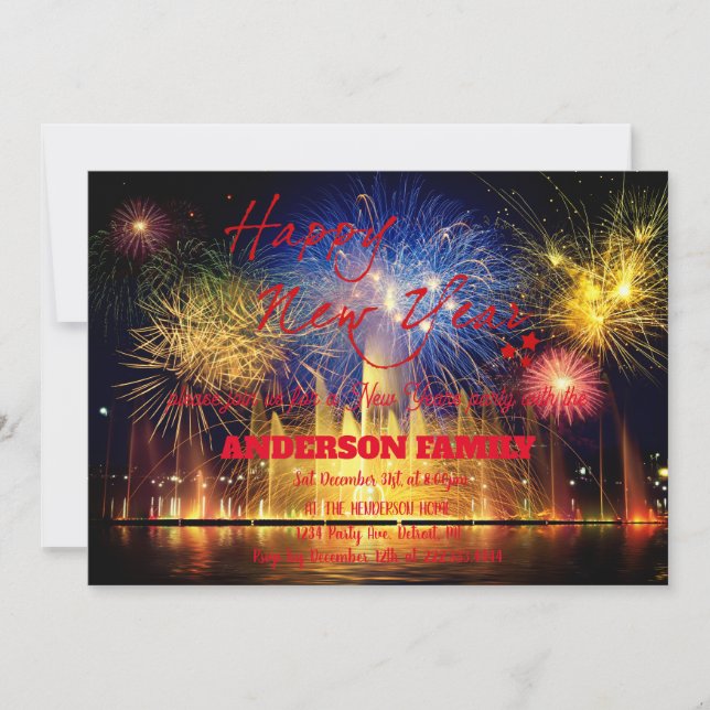 Simple Red fireworks new year Invitation (Front)