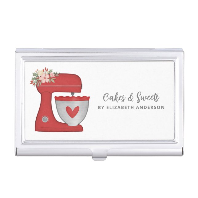 Simple Red Floral Mixer Cake Bakery Business Card Case (Front)