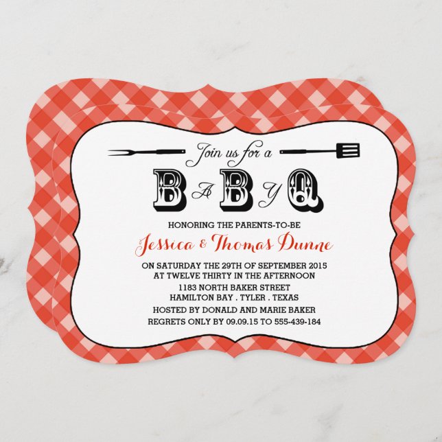 Simple Red Gingham BBQ Baby Shower Invitations (Front/Back)