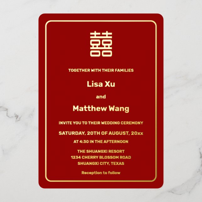Simple Red Gold Chinese Wedding Foil Invitation (Front)