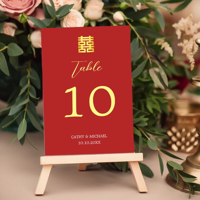 Simple red gold modern Chinese wedding Table Number (Creator Uploaded)