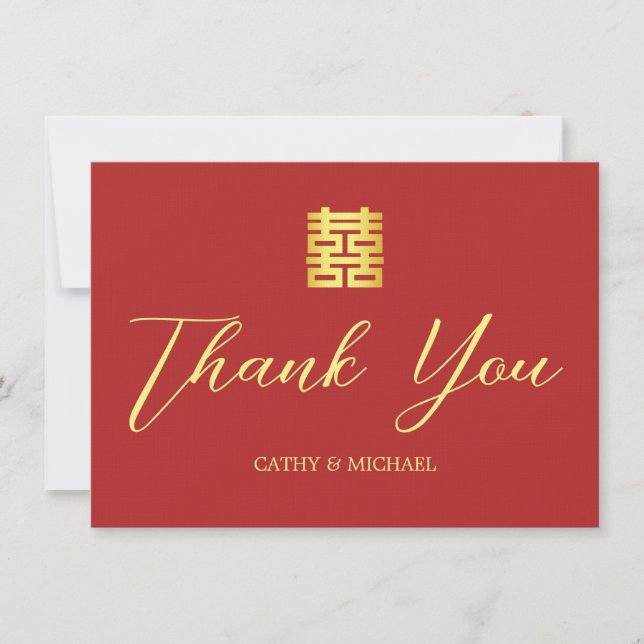 Simple red gold modern Chinese wedding Thank You Card (Front)
