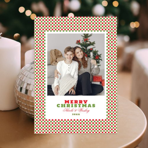 Simple Red & Green Gingham Photo Christmas Card