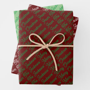 Simple Red Green Merry Christmas From Family Name Wrapping Paper Sheets