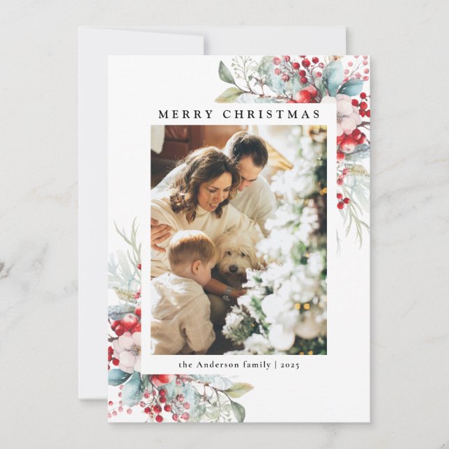 Simple Red Holly Berries Merry Christmas Photo Holiday Card (Front)