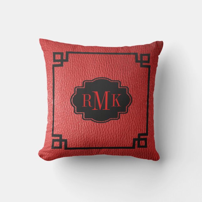Simple Red Leather Texture Print Black Frame Throw Pillow (Front)