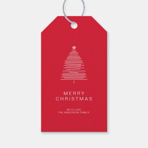 Simple Red Line Art Merry Christmas Tree Gift Tags