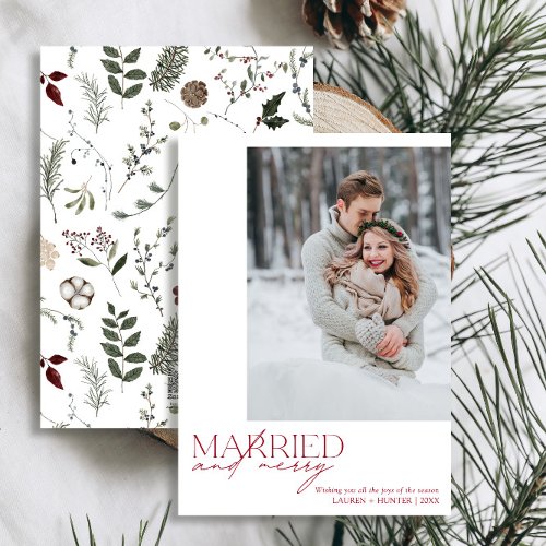 Simple Red Married and Merry Newlyweds Photo Holiday Card