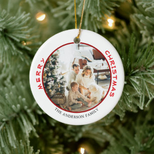 Simple Red Merry Christmas Family Photo Ceramic Ornament