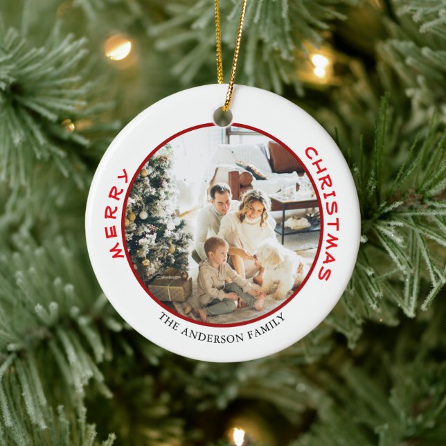Simple Red Merry Christmas Family Photo Ceramic Ornament (Tree)
