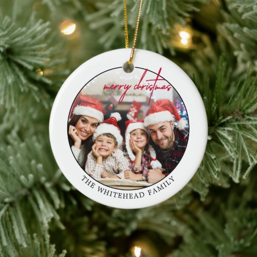 Simple Red Merry Christmas Photo Ceramic Ornament