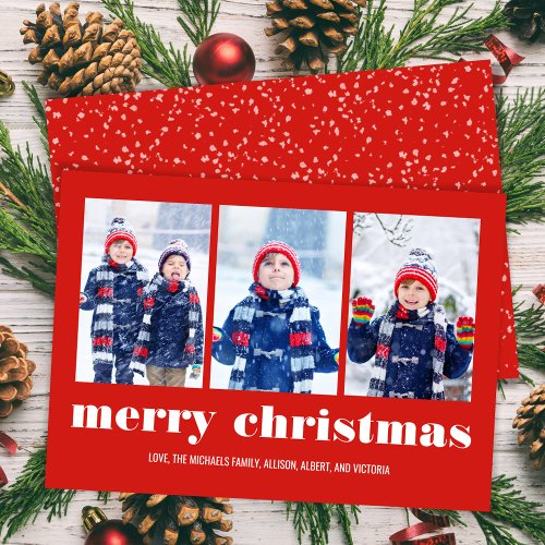 Simple Red Merry Christmas Photo Collage Holiday Card