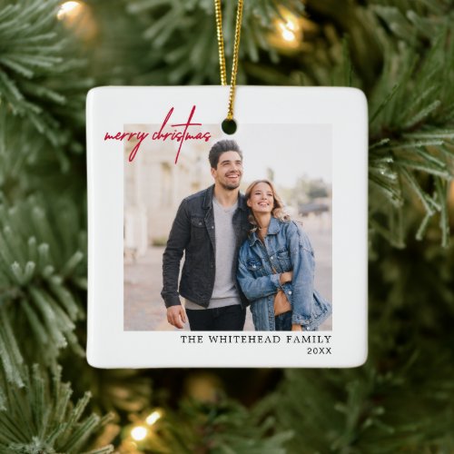 Simple Red Merry Christmas Photo White Ceramic Ornament