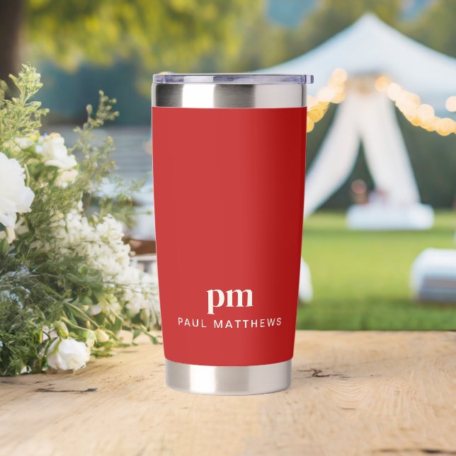 Simple Red Minimal Custom Monogram and Name Insulated Tumbler (Wedding)