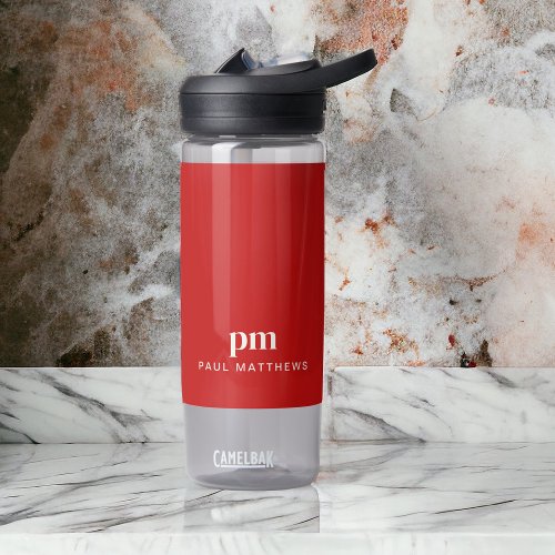 Simple Red Minimal Custom Monogram and Name Water Bottle