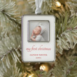 Simple Red Minimalist Photo Baby's First Christmas Ornament<br><div class="desc">Elegant Baby's First Christmas Ornament featuring a simple and minimalist style with "my first christmas" along with baby's name and the year in red over a white background.  This gender neutral ornament makes a great gift for new parents whether they have a boy or a girl.</div>