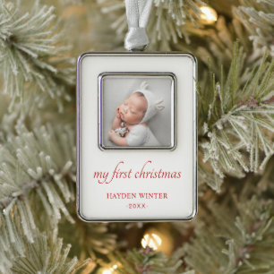 Simple Red Minimalist Photo Baby's First Christmas Ornament