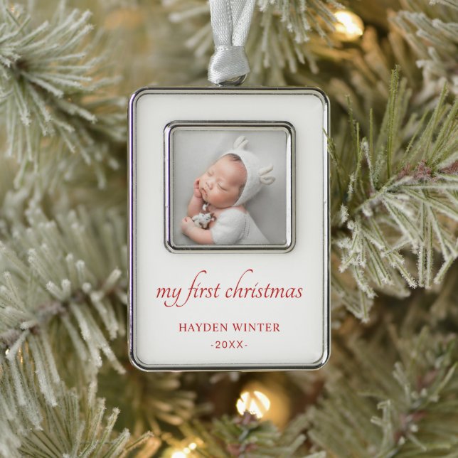 Simple Red Minimalist Photo Baby's First Christmas Ornament (Tree)
