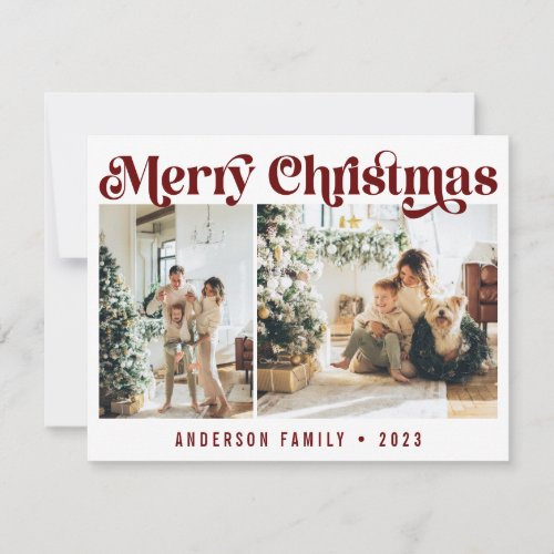 Simple Red Minimalist Retro Christmas Two Photo Holiday Card