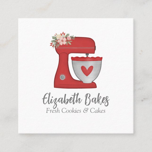 Simple Red Mixer Floral Cake Bakery Business Card (Front)