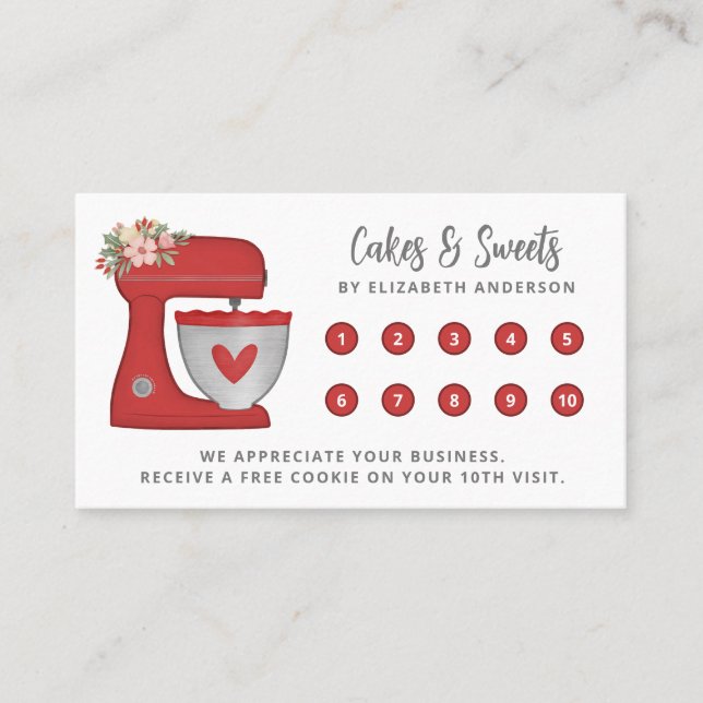 Simple red Mixer Floral Cake Bakery Business Loyalty Card (Front)