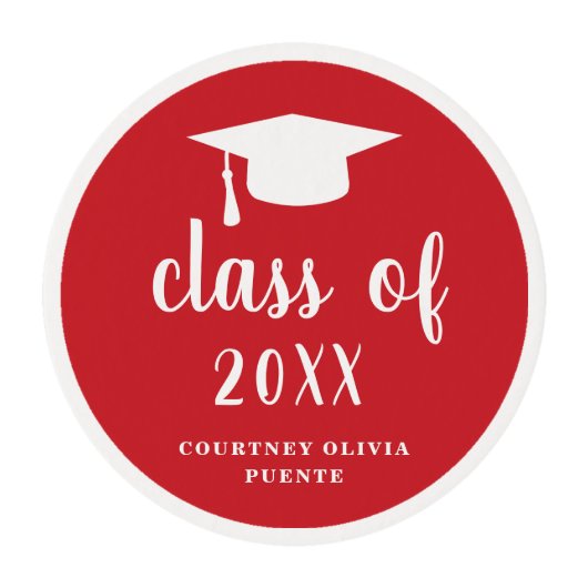 Simple Red Mortar Board Modern Graduation Edible Frosting Rounds (Front)