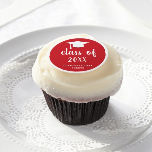 Simple Red Mortar Board Modern Graduation Edible Frosting Rounds (Cupcake)