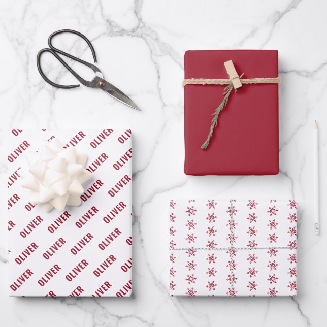 Simple Red Name and Snowflake Pattern Christmas Wrapping Paper Sheets (Front)