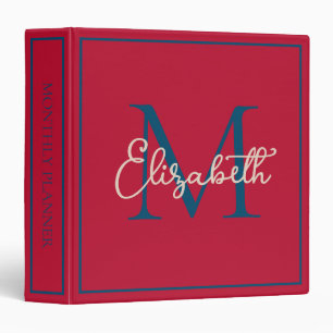 Simple Red Navy Blue and Cream Monogram 3 Ring Binder