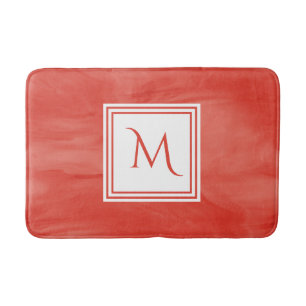 Simple Red Orange Subtle Marble Modern Monogram Bathroom Mat