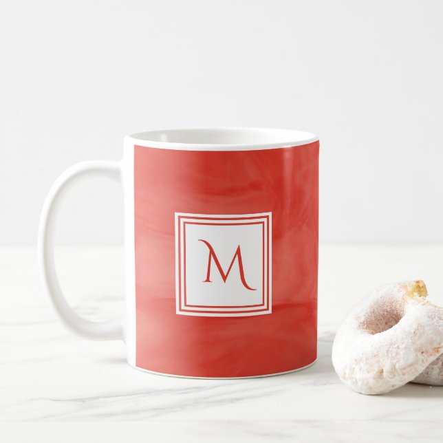 Simple Red Orange Subtle Marble Modern Monogram Coffee Mug (With Donut)