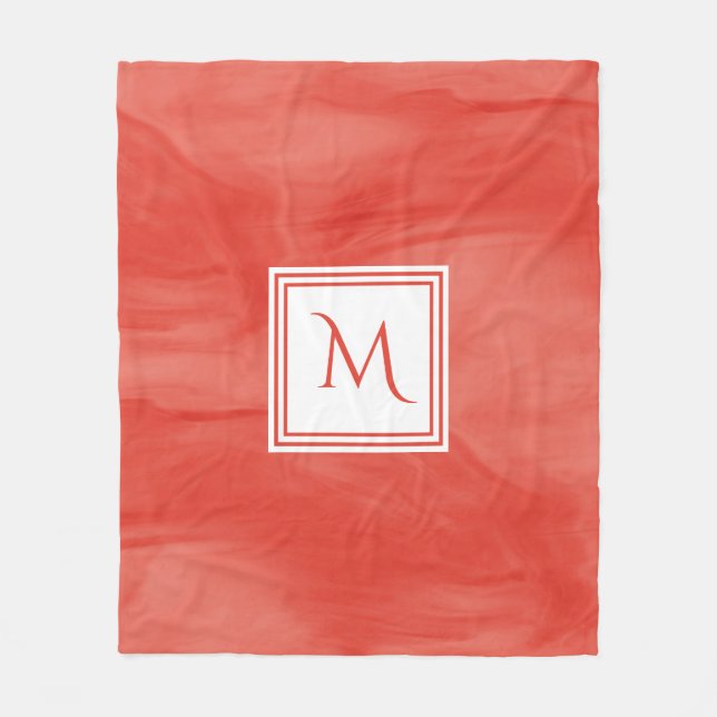 Simple Red Orange Subtle Marble Modern Monogram Fleece Blanket (Front)