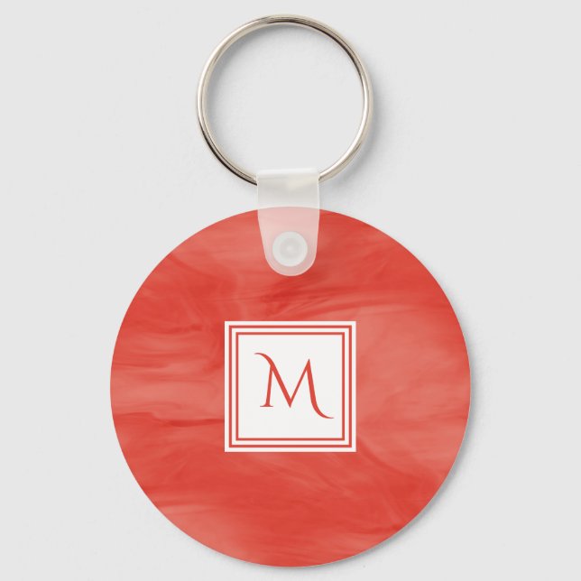 Simple Red Orange Subtle Marble Modern Monogram Keychain (Front)