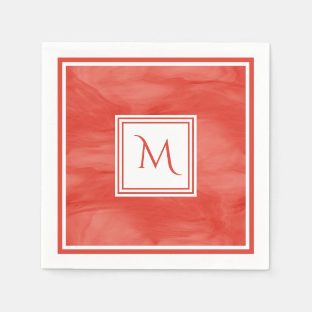 Simple Red Orange Subtle Marble Modern Monogram Paper Napkins (Front)