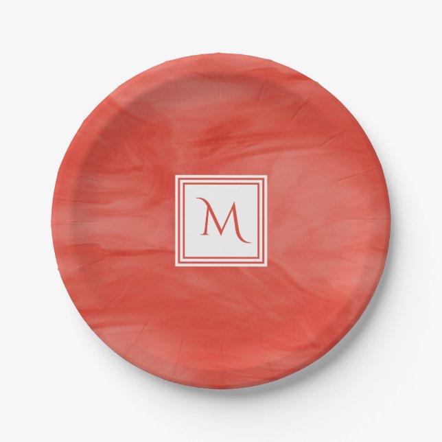 Simple Red Orange Subtle Marble Modern Monogram Paper Plates (Front)