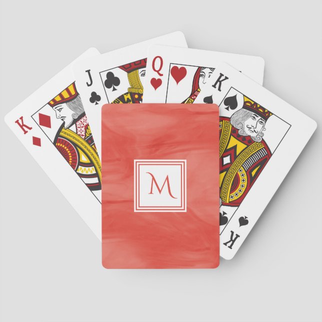 Simple Red Orange Subtle Marble Modern Monogram Poker Cards (Back)