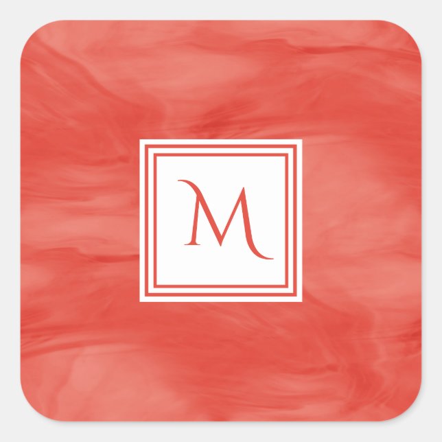 Simple Red Orange Subtle Marble Modern Monogram Square Sticker (Front)